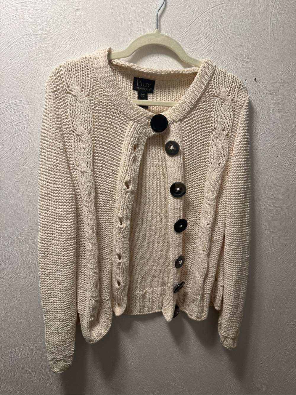 Vintage Pure Handknit S/M Cream Cable Knit Cardigan Mismatched Buttons Boho